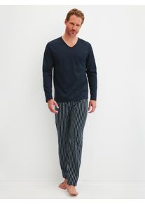 Schlafanzug Calida "Cotton Special", Herren, Gr. L (52/54), blau (saphir blau), Single Jersey, Obermaterial: 100% Baumwolle, bequem lang, V-Ausschnitt, gerader Abschluss, Homewear-Sets Schlafanzug, Langarm, V-Ausschnitt, Comfort Fit, lange Hose