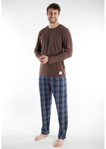 Schlafanzug Tom Tailor "Rhodos", Herren, Gr. 54, braun (braun, mittel, karo), Single Jersey, Obermaterial: 92% Baumwolle, 8% Polyester, bequem lang, Rundhals, Homewear-Sets Schlafanzug, karierte Hose, lange &Auml;rmel, Cotton-Mix, elastischer Bund