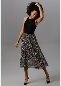 Partykleid Aniston SELECTED, Damen, Gr. 34, N-Gr, schwarz (schwarz, sand), Jersey, Obermaterial: 95% Viskose, 5% Elasthan. Chiffon: 100% Polyester. Futter: 95% Viskose, 5% Elasthan. Rock: 100% Polyester, gemustert, festlich, figurbetont wadenlang, Rundhals, Kleider Partykleid, im Animal-Print, Topseller