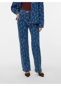 V&eacute;ro Moda Straight-Jeans VERO MODA "VMTESSA HR WIDE FLOWER DENIM JEANS RA380", Damen, Gr. 32, L&auml;nge 32, medium blau denim aop:flower, Denim/Jeans, Obermaterial: 99% Baumwolle, 1% Elasthan, bedruckt, oversize normal, Jeans Straight-Jeans, mit Blumenmuster