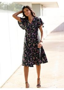 Druckkleid Classic Basics "Druck-Kleid", Damen, Gr. 48, Normalgr&ouml;&szlig;en, rosa (schwarz, altrosa, bedruckt), 100% Polyester, gebl&uuml;mt, gemustert, mehrfarbig, knielang, V-Ausschnitt, Kleider Druckkleid