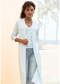 Cardigan Lascana, Damen, Gr. 32/34, blau (hellblau), Feinstrick, Obermaterial: 70% Viskose, 30% Polyamid, unifarben, figurumspielend knieumspielend, Rippstrickb&uuml;ndchen, Strickjacken Cardigan, mit seitlichen Schlitzen, Longstrickjacke aus weichem Rippstrick, Topseller