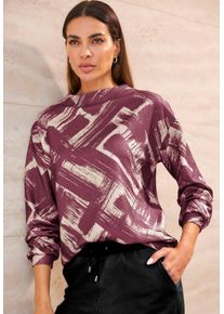 Langarmshirt Heine "Druck-Shirt", Damen, Gr. 42, rot (bordeaux, sand, bedruckt), 95% Polyester, 5% Elasthan, bedruckt, gemustert, gestreift, Shirts Langarmshirt