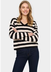 Strickpullover Saint Tropez "FikamSZ V-Neck", Damen, Gr. S (36), schwarz, Strick, Obermaterial: 52% Viskose, 28% Polyester, 20% Polyacryl, gestreift, relaxed fit, V-Ausschnitt, Pullover Strickpullover