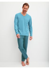 Schlafanzug Calida "Relax Streamline 1", Damen, Gr. XXL (58/60), retro blau, Interlock, Obermaterial: 100% Baumwolle, bequem lang, V-Ausschnitt, Homewear-Sets Schlafanzug, mit praktischem V-Ausschnitt