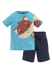 Shirt & Shorts Kidsworld "2tlg. Set T-Shirt + Sweatbermudas", Jungen, Gr. 128/134, blau (t&uuml;rkis, marine), Interlock, Obermaterial: 100% Baumwolle. Obermaterial Hose: 100% Baumwolle, bedruckt, KOB Set-Artikel Shirt & Shorts, FUCHS - Print
