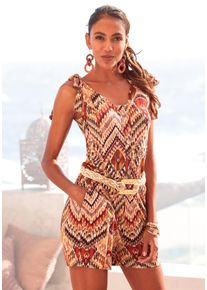 Kurzoverall Lascana, Damen, Gr. 34, N-Gr, braun (braun, bedruckt), Jersey, Obermaterial: 100% Viskose, bedruckt, ethno, figurumspielend kurz, Rundhals, Overalls Kurzoverall, mit Ethnoprint und Taschen, sommerlicher Jumpsuit, Topseller