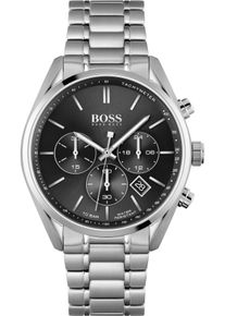 Chronograph BOSS "CHAMPION", silber (silberfarben, schwarz), Armbanduhren, Herren, Chronograph, Quarzuhr, Herrenuhr, Armbanduhr, Stoppfunktion, Edelstahlarmband