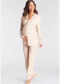 Umstandspyjama Lascana, Damen, Gr. 44/46, beige (beige, gemustert), Single Jersey, Obermaterial: 95% Viskose, 5% Elasthan, gemustert, sehr bequem lang, V-Ausschnitt, eingesetzt Manschette, Homewear-Sets Umstandspyjama, mit Knopfleiste und Raffung an der Seitennaht