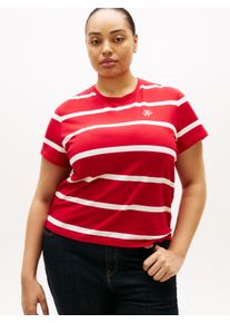 Kurzarmshirt Tommy Hilfiger Curve "CRV TH SCRIPT REG C-NK SS TEE", Damen, Gr. 48, primary rot, calico stp, Single Jersey, Obermaterial: 95% Baumwolle, 5% Elasthan, gestreift, Rundhals, Shirts Kurzarmshirt, in gro&szlig;en Gr&ouml;&szlig;en