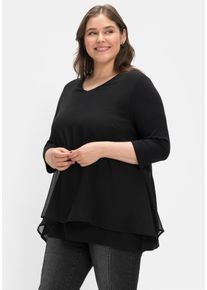 3/4-Arm-Shirt sheego "3/4-Arm-Shirt", Damen, Gr. 44/46, schwarz, 95% Viskose, 5% Elasthan, Chiffon:100% Polyester, unifarben, V-Ausschnitt, Shirts 3/4-Arm-Shirt