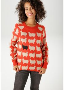Strickpullover Aniston CASUAL, Damen, Gr. 44, schwarz (rot, beige, schwarz), Strick, Obermaterial: 100% Polyacryl, Jacquardmuster, gemustert, figurumspielend h&uuml;ftlang, Rundhals, Raglan&auml;rmel Rippstrickb&uuml;ndchen, Pullover Strickpullover, mit eingestrickten Schafen