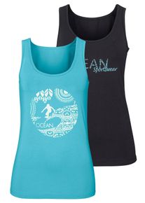 Tanktop OCEAN SPORTSWEAR, Damen, Gr. 44, blau (schwarz, t&uuml;rkis), Single Jersey, Obermaterial: 95% Baumwolle, 5% Elasthan, unifarben, figurbetont, tiefer Rundhals, Tops Tanktop, mit unterschiedlichen Drucken, Topseller