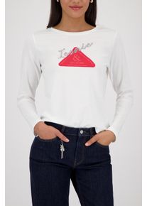 Langarmshirt monari "Shirt Emblem + Schmuck", Damen, Gr. 40, off, wei&szlig;, Jersey, Obermaterial: 50% Baumwolle, 50% Modal, unifarben, regular fit normal, Rundhals, abgesteppte Kante, Shirts Langarmshirt, Rundhalsausschnitt, Regular Fit, mit Strasssteinen
