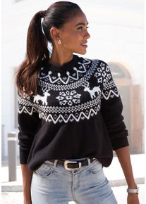 Norwegerpullover Lascana, Damen, Gr. 36/38, schwarz, Strick, Obermaterial: 84% Polyacryl, 8% Polyamid, 6% Polyester, 2% Elasthan, gemustert, figurumspielend h&uuml;ftlang, Rundhals, Raglan&auml;rmel, Pullover Norwegerpullover, aus weichem Strick, Weihnachtspullover, Strickpullover mit Wintermotiv