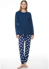 Schlafanzug Mey "Scribbled Dots", Damen, Gr. 40, blau (deep marine), Single Jersey, Obermaterial: 100% Baumwolle, bequem 7/8-L&auml;nge, Rundhals, Homewear-Sets Schlafanzug, Baumwolle, modern, bequem, gerade Form, Rundhals, Langarm