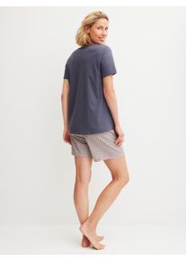 Shorty Calida "Graphic Nights", Damen, Gr. M (44/46), graystone, Single Jersey, Obermaterial: 100% Baumwolle, bequem kurz, V-Ausschnitt, Homewear-Sets Shorty, Hose gebl&uuml;mt, Oberteil uni, V-Ausschnitt, kurz&auml;rmelig