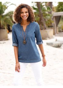 Jeansbluse Casual Looks, Damen, Gr. 46, blau (blau, stone, washed), 100% Baumwolle, unifarben, Rundhals, Blusen Jeansbluse