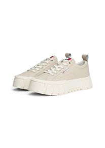 Plateausneaker Tommy Jeans "TJW VULC FLATFORM LEATHER", Damen, Gr. 41, beige, Leder, Lederimitat, unifarben, Schuhe Plateausneaker, Freizeitschuh, Halbschuh, Schn&uuml;rschuh mit dezenten Ziern&auml;hten