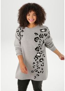 Strickpullover ANISTON PLUS, Damen, Gr. 46, grau, schwarz, wei&szlig;, melange, Strick, Obermaterial: 50% Viskose, 28% Polyester, 22% Polyamid, figurumspielend h&uuml;ftlang, Rundhals, Rippb&uuml;ndchen, Pullover Strickpullover, mit Animal-Deatils und Perlen