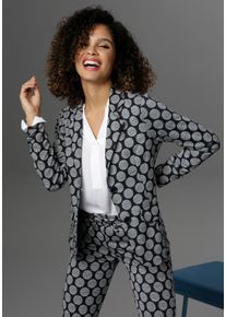 Jerseyblazer Aniston SELECTED, Damen, Gr. 42, grau (dunkelblau, grau), Jersey, Obermaterial: 60% Polyester, 30% Viskose, 10% Elasthan, gepunktet, gestreift, figurbetont h&uuml;ftlang, Blazer Jerseyblazer, mit gestreiften Punkten