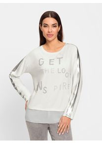 Langarmshirt Heine "Shirt", Damen, Gr. 38, beige (ecru), 95% Viskose, 5% Elasthan, gemustert, unifarben, Rundhals, Shirts Langarmshirt