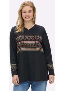 Langarmshirt sheego "Shirt", Damen, Gr. 48/50, bunt (schwarz, beige, bedruckt), 95% Baumwolle, 5% Elasthan, bedruckt, gemustert, mehrfarbig, V-Ausschnitt, Shirts Langarmshirt