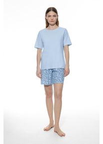 Shorty Mey "Flower Meadow", Damen, Gr. 46, blau (blau silk), Interlock, Obermaterial: 100% Baumwolle, bequem kurz, Rundhals, gerader Abschluss, Homewear-Sets Shorty, Rundhalsausschnitt, kurz&auml;rmlig, Oberteil uni, Hose gemustert