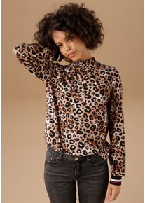 Langarmshirt Aniston CASUAL, Damen, Gr. 46, bunt (hellbraun, braun, schwarz, sand, wei&szlig;, rot), Single Jersey, Obermaterial: 95% Viskose, 5% Elasthan, bedruckt, l&auml;ssig geschnitten h&uuml;ftbedeckend, Rippb&uuml;ndchen, Shirts Langarmshirt, mit trendigem Animal-Print und gestreiften B&uuml;ndchen, Topseller