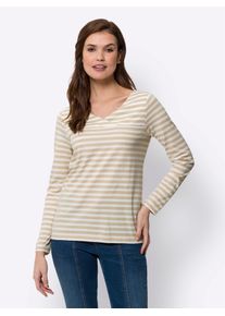 V-Shirt Heine "Shirt", Damen, Gr. 44, beige (sand, ecru, gestreift), 50% Baumwolle, 50% Modal, gemustert, gestreift, V-Ausschnitt, Shirts V-Shirt