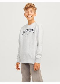 Jack & Jones Sweatshirt JACK & JONES JUNIOR "JJECALEB VARSITY SWEAT CREW NECK SN JNR", Jungen, Gr. 128, wei&szlig; (wei&szlig; melange fit:loose), angeraute Sweatware, Obermaterial: 70% Baumwolle, 30% Polyester, bedruckt, relaxed fit normal, Rundhals, Rippb&uuml;ndchen, Sweatshirts Sweatshirt