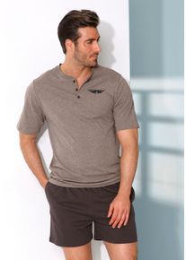 Pyjama AUTHENTIC LE JOGGER "kurzer Schlafanzug f&uuml;r Herren", Herren, Gr. 44/46, braun (braun, meliert, dunkelbraun), Jersey, Obermaterial: 100% Baumwolle, unifarben, Basic, bequem kurz, Rundhals, abgesteppte Kante, Homewear-Sets Pyjama, mit Knopfleiste