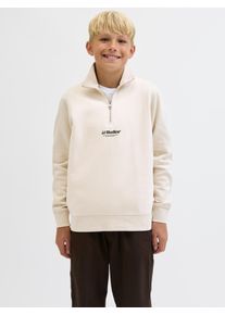 Jack & Jones Sweatshirt JACK & JONES JUNIOR "JJESOHO SWEAT QUARTER ZIP HN NOOS JNR", Jungen, Gr. 152, moonbeam, angeraute Sweatware, Obermaterial: 80% Baumwolle, 20% Polyester, bedruckt, relaxed fit normal, hoch geschlossener Ausschnitt, Rippb&uuml;ndchen, Sweatshirts Sweatshirt