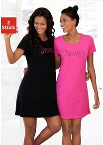 Sleepshirt Vivance Dreams, Damen, Gr. 44/46, N-Gr, pink (pink, schwarz), Single Jersey, Obermaterial: 100% Baumwolle, unifarben mit Farbeinsatz, Basic, Basic kurz, Rundhals, eingesetzt, Kleider Sleepshirt, mit Print in Spitzenoptik, Topseller