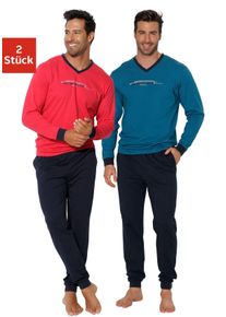 Pyjama AUTHENTIC LE JOGGER, Herren, Gr. 44/46 (S), bunt (petrol, navy, rot, navy), Jersey, Obermaterial: 100% Baumwolle, unifarben, Basic, A-Linie lang, V-Ausschnitt, angesetztes B&uuml;ndchen, Homewear-Sets Pyjama, Schlafanzug mit Frontprint, Topseller