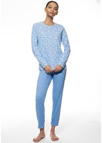 Schlafanzug Mey "Flower Meadow", Damen, Gr. 46, blau (blau silk), Single Jersey, Obermaterial: 100% Baumwolle, bequem 7/8-L&auml;nge, Rundhals, Homewear-Sets Schlafanzug, Baumwolle, floral, bequem, klassisch, Rundhals-Ausschnitt
