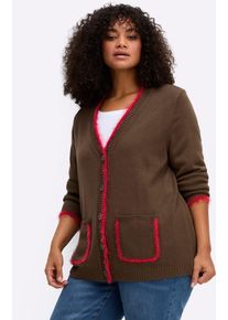 Cardigan sheego, Damen, Gr. 52/54, schoko, kirsche, 100% Polyacryl, Besatz:100% Polyamid, unifarben, Strickjacken Cardigan