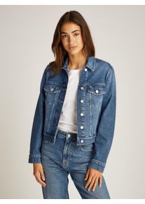 Jeansjacke Tommy Jeans "CLASSIC TRUCKER JACKET AI6136", Damen, Gr. XS (34), blau (denim medium), Denim/Jeans, Obermaterial: 99% Baumwolle, 1% Elasthan, unifarben, normal h&uuml;ftlang, 1-Knopf-Manschette, Jacken Jeansjacke, mit typischen Trucker Details, mit Schmucksteinen