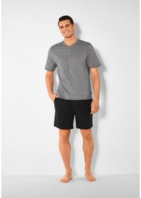 Pyjama s.Oliver, Herren, Gr. 44/46 (S), schwarz (grau, meliert, schwarz), Jersey, Obermaterial: 95% Baumwolle, 5% Elasthan, meliert, Basic, bequem kurz, Rundhals, abgesteppte Kante, Homewear-Sets Pyjama, Schlafanzug in Melange-Optik mit Knopfleiste