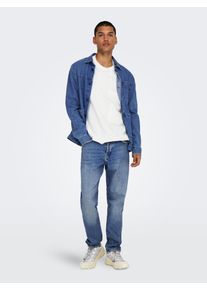 Only & Sons Tapered-fit-Jeans ONLY & SONS "ONSYOKE TAPERED MB 9360 DOT DNM NOOS", Herren, Gr. 33, L&auml;nge 34, medium blau denim, Denim/Jeans, Obermaterial: 99% Baumwolle, 1% Elasthan, Abriebeffekte, relaxed fit lang, Jeans Tapered-fit-Jeans