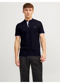 Jack & Jones Kurzarmshirt JACK & JONES "PAULOS MAO POLO", Herren, Gr. M, blau (navy), Piqu&eacute;, Obermaterial: 100% Baumwolle, unifarben, schmal h&uuml;ftbedeckend, Rundhals, B&uuml;ndchen, Shirts Kurzarmshirt, mit kontrastfarbiger Kante am schmalen Stehkragen und am &Auml;rmelsaum
