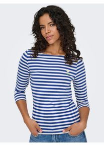 3/4-Arm-Shirt Only "ONLFIFI LIFE 3/4 PRINTED TOP CS JRS", Damen, Gr. S, cloud dancer stripes:mazarine blau with daisy print, Jersey, Obermaterial: 95% Baumwolle, 5% Elasthan, gestreift, regular fit normal, Rundhals, Shirts 3/4-Arm-Shirt
