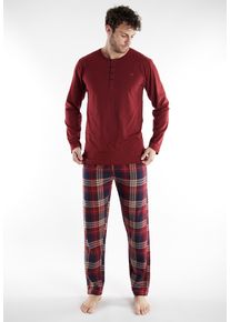Schlafanzug Tom Tailor "Rhodos", Herren, Gr. 50 (M), rot, mittel, karo, Obermaterial: 100% Baumwolle, kariert, bequem normal, Rundhals, gerader Abschluss, Homewear-Sets Schlafanzug, Langarm, Rundhalsausschnitt, mit Kn&ouml;pfen, kariert, Baumwolle
