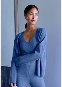 Cardigan Copenhagen Studios, Damen, Gr. 32/34, blau, Rippstrick, Obermaterial: 50% Viskose, 28% Polyester, 22% Nylon, unifarben, figurumspielend h&uuml;ftlang, weit normaler Saum, Strickjacken Cardigan, aus hochwertiger, feiner Rippe, Loungewear, Topseller