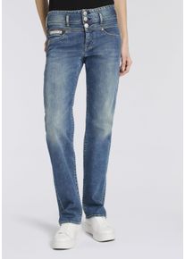 High-waist-Jeans Herrlicher "Raya New Straight Denim", Damen, Gr. 29, L&auml;nge 32, casper, Denim/Jeans, Obermaterial: 98% Baumwolle, 2% Elasthan, gerade lang, Jeans High-waist-Jeans, im Straight Fit, 3-Knopf-Verschluss