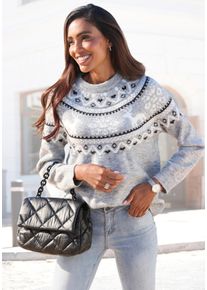 Norwegerpullover Lascana, Damen, Gr. 40/42, grau (grau meliert), Strick, Obermaterial: 84% Polyacryl, 8% Polyamid, 6% Polyester, 2% Elasthan, gemustert, figurumspielend h&uuml;ftlang, Rundhals, Raglan&auml;rmel, Pullover Norwegerpullover, aus weichem Strick, Weihnachtspullover, Strickpullover mit Wintermotiv