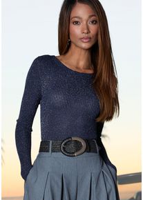 Strickpullover Lascana, Damen, Gr. 40/42, blau (dunkelblau, silberfarben), Strick, Obermaterial: 80% Viskose, 20% metallisierte Fasern, Glitzermuster, leicht gl&auml;nzend, figurbetont, U-Boot-Ausschnitt, Pullover Strickpullover, aus Rippstrick mit Glitzergarn, festlich, Topseller
