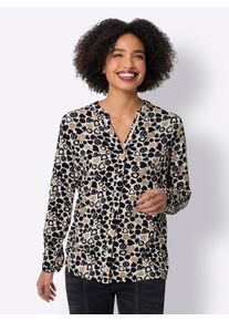 Langarmbluse Heine, Damen, Gr. 48, beige (champagner, schwarz, bedruckt), 95% Viskose, 5% Elasthan, bedruckt, gemustert, gepunktet, mehrfarbig, Rundhals, Blusen Langarmbluse