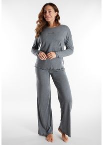 Schlafanzug Tom Tailor "Xanthi", Damen, Gr. 36 (S), grau (grau, mittel, melange), Single Jersey, Obermaterial: 54% Viskose, 44% Polyester, 2% metallisierte Faser (LUREX), bequem lang, Rundhals, gewellter Abschluss, Homewear-Sets Schlafanzug, mit langen &Auml;rmeln, leicht meliert, Rundhalsausschnitt