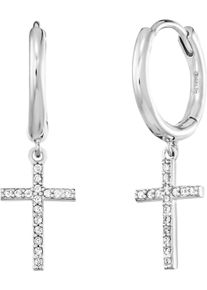 Paar Creolen Engelsrufer "Kreuz", silber (silberfarben, kristallwei&szlig;, kristallwei&szlig;), Ohrringe, Damen, Silber 925 (Sterlingsilber), Paar Creolen, Made in Germany - mit Zirkonia (synth.)
